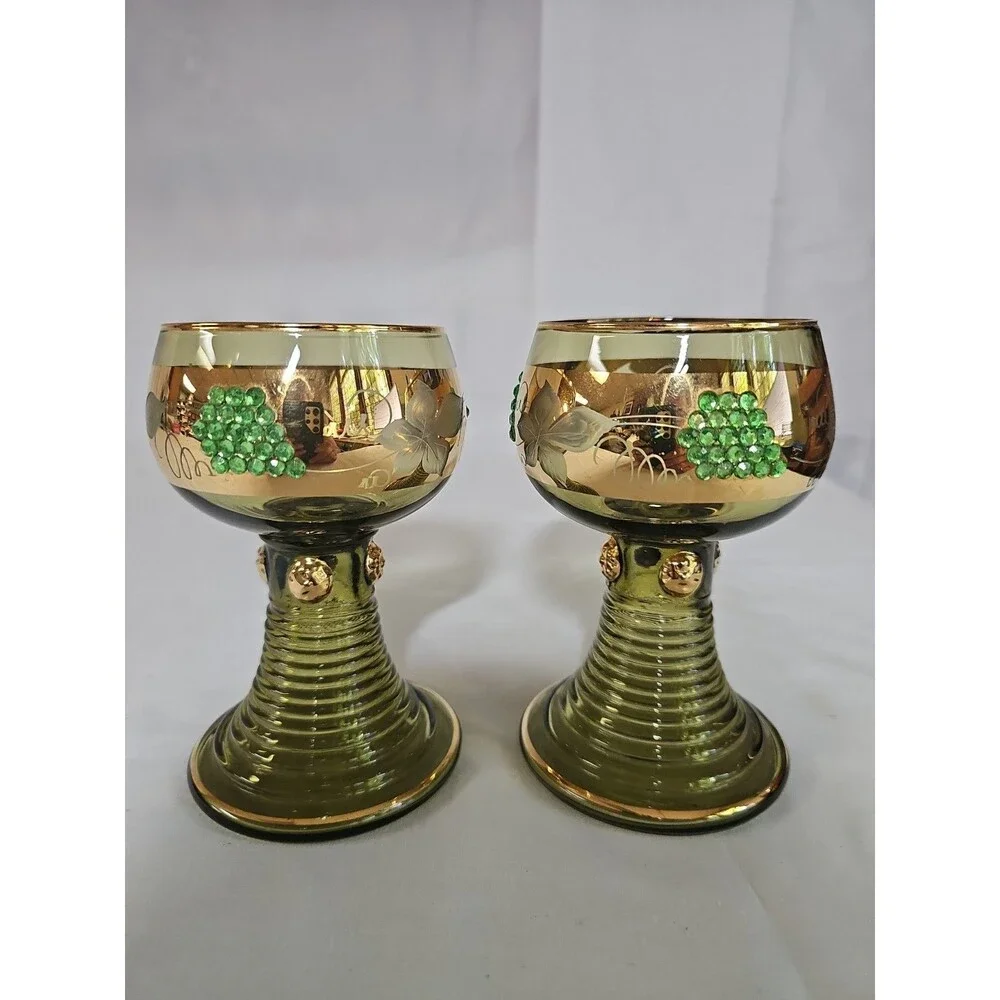 vintage german roemer Wiesbaden beehive gold green barware grapevine pattern